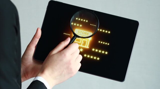 Person holds a tablet and uses a magnifying glass over a store icon during a digital review session in a modern office space.