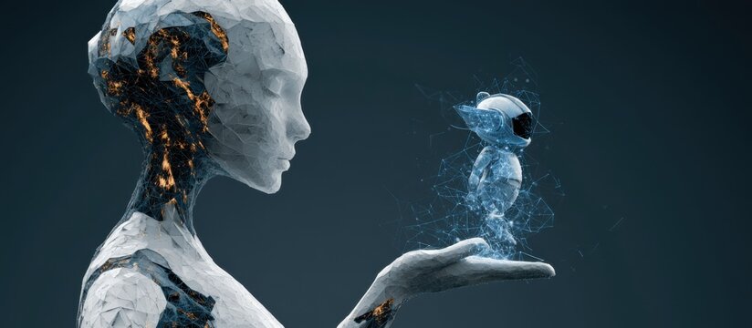 Modern robot holds small figure in its hand during a futuristic installation