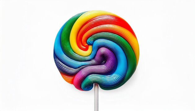 Colorful rainbow flavored lollipop with vibrant swirl pattern and glossy candy texture, isolated on clean white background
