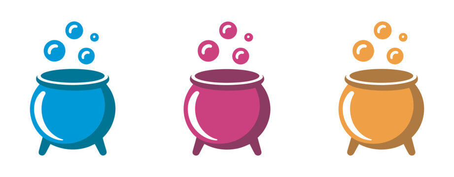 Magical potion cauldron icons set, colorful bubbling brew process collection, fantasy alchemy symbols, vector illustration