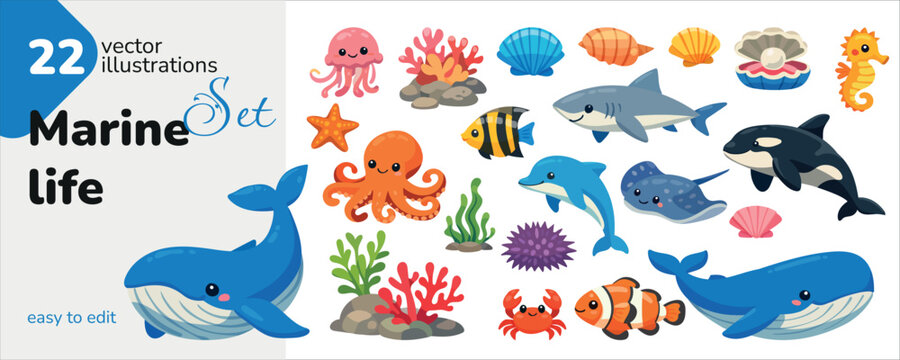Cute marine life set with various ocean animals, fish, and sea plants. Collection of hand-drawn cartoon underwater creatures including whales, dolphin, octopus, shark, and jellyfish. Flat vector illus