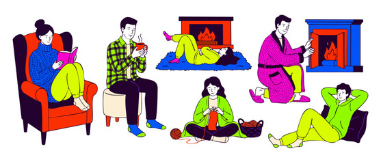 Obraz premium Winter cozy home relaxation illustration set showing diverse people reading by fireplace, drinking tea, knitting, and lounging in warm clothes, ideal for hygge seasonal lifestyle vector designs.