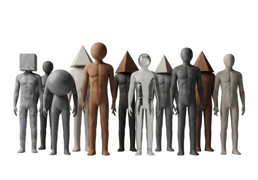 Group of abstract human figures with geometric heads standing together isolated on transparent background