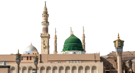 Fototapeta premium Almasjid annabawi mosque with green dome and minarets isolated on transparent background
