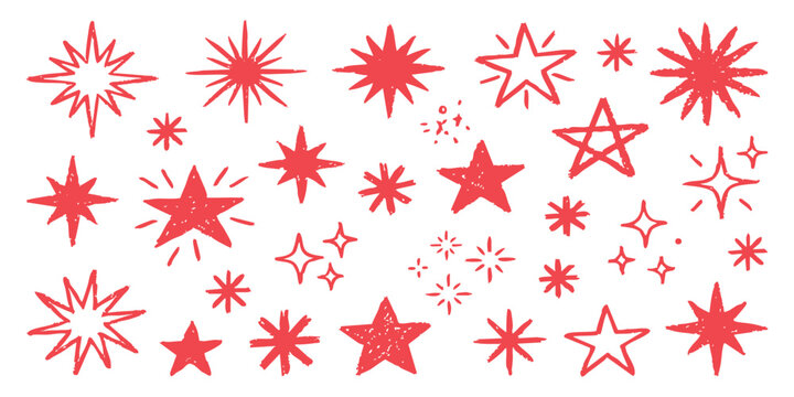 Set of hand drawn red stars and sparkling light icons for festive design and creative decoration projects
