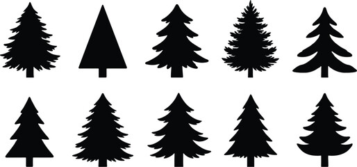 Obraz premium Pine tree silhouette vector collection isolated, evergreen forest trees and conifer nature illustration design set