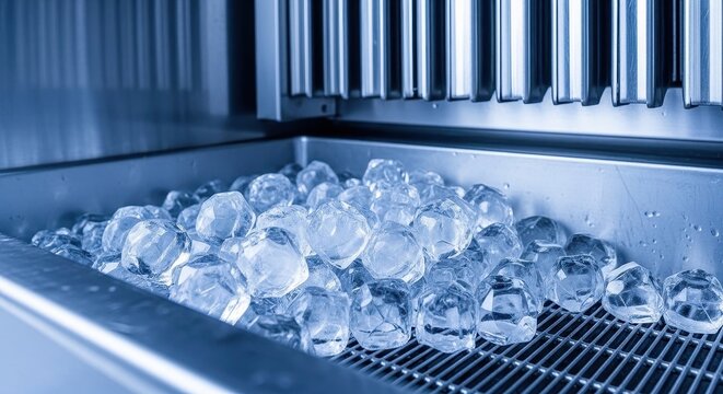 Fresh clear ice cubes inside an industrial automatic ice maker machine