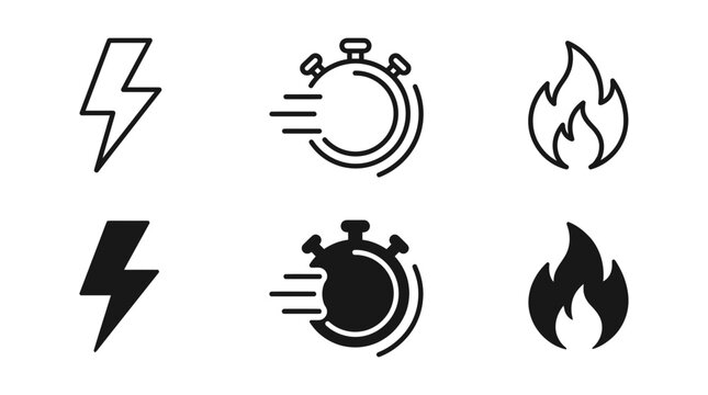 Fast motion energy and performance icons featuring lightning bolt stopwatch and flame symbols for speed concepts