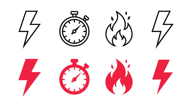 Energy speed and performance icons set featuring lightning stopwatch and flame symbols for fast action concepts