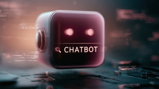 Robot with glowing eyes and the word chatbot displayed on its front in a digital environment with lines of code in the background