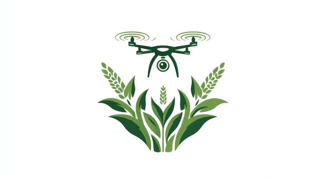 34.Modern agriculture logo icon showing drone hovering over corn stalks, simplified vector shapes, clean flat style, eco friendly farming technology theme, professional branding illustration