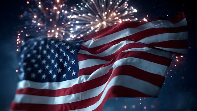 USA Independence Day celebration with waving American flag and fireworks