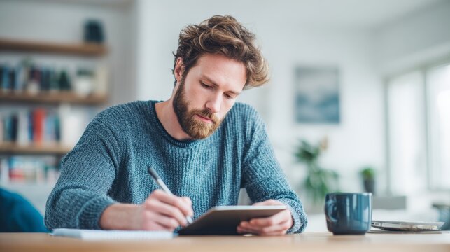 72.Clean bright home office shot of a young man concentrating on tablet work, stylus in hand, minimal background, contemporary remote work lifestyle concept