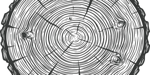 Black and white line art illustration showing a cross section of a tree trunk with circular growth rings © GraphixEra