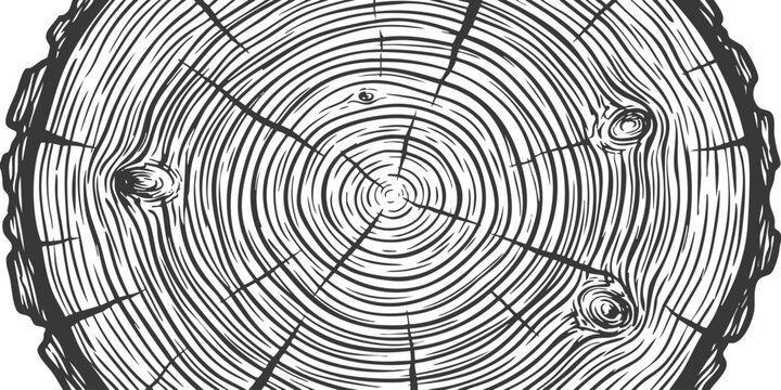 Black and white line art illustration showing a cross section of a tree trunk with circular growth rings