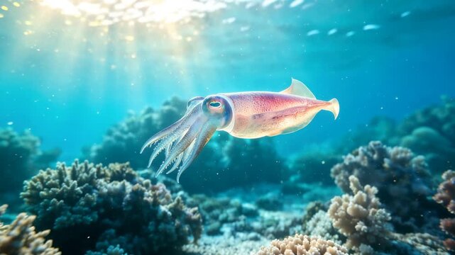 bigfin reef squid close up underwater in pacific ocean morning light video