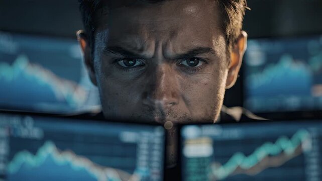 Focused view of a traders concentrated face as they interpret commodity options pricing on multiple screens with outoffocus financial graphs surrounding them.