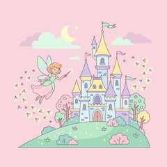 Naklejka premium A cute little fairy flies near a magical pastel castle