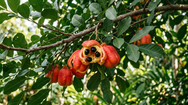 Ripe ackee fruit blighia sapida on a tree branch in natural setting