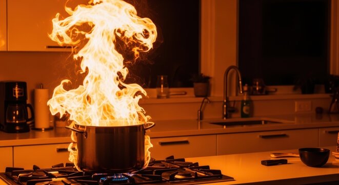 Kitchen pot on stove with large flames erupting from inside, representing a dangerous cooking fire accident