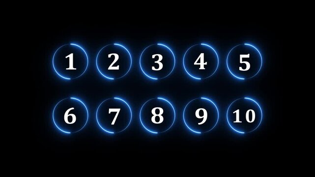 Glowing neon Colorful number circle icon set from one to ten for education, ranking, steps, children learning, interface labels.4k motion graphics video animation
