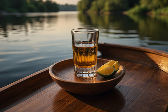 A refreshing shot of golden amber liquid with a lime wedge, served on a wooden boat deck beside a tranquil river