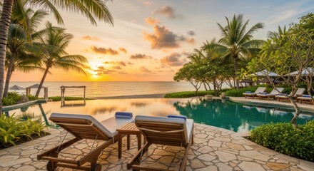 Fototapeta premium Luxury infinity pool overlooking a tropical beach at sunset with lounge chairs and palm trees