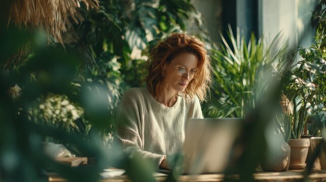 58.Woman focused on online work at home, laptop on desk, indoor plants and natural textures, peaceful and balanced workspace environment