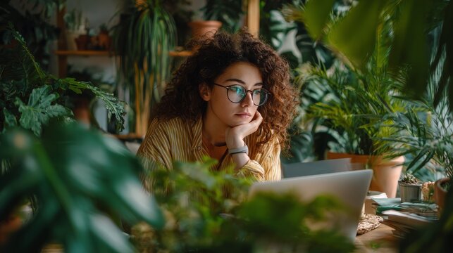 58.Woman focused on online work at home, laptop on desk, indoor plants and natural textures, peaceful and balanced workspace environment