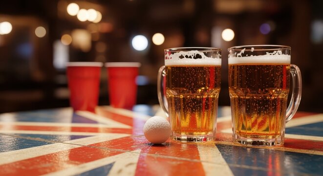 Two mugs of beer and a ping pong ball on a table with a union jack pattern in a dimly lit pub setting