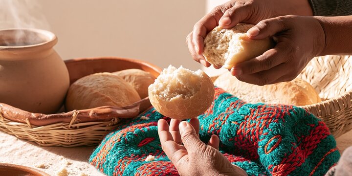 Hands breaking fresh bolillo bread over a colorful textile for cultural breakfast visuals, bakery advertising and domestic food styling with warm morning copy space