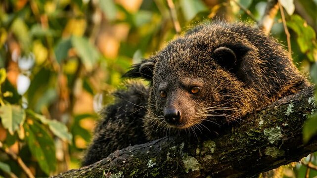 binturong resting on tree in borneo rainforest golden light video
