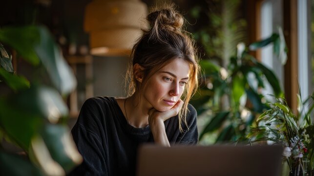 56.Young woman working from home on laptop, focused expression, surrounded by plants and nature inspired decor, soft natural lighting, calm and productive atmosphere