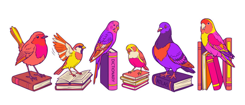 Colorful birds on books illustration featuring vibrant cartoon sparrow, pigeon, parrot, and parakeet reading library literature, isolated on white background for cute school education design.