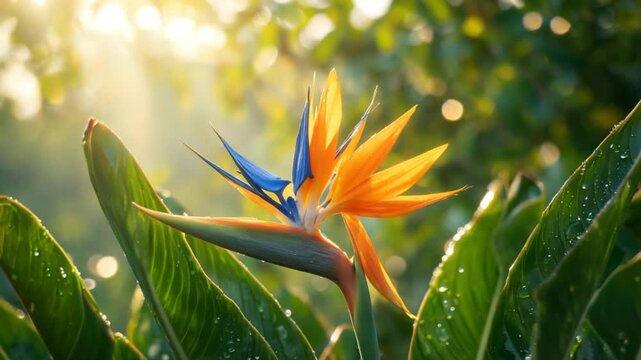 bird of paradise flower strelitzia reginae blooming in garden sunlight video