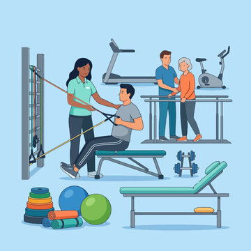 Patients perform physical therapy exercises in a clinic