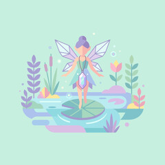 Magical fairy stands on a lily pad in a pastel pond © Hiba