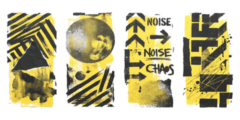 Obraz premium Abstract graffiti art set with grunge textures and yellow shapes for urban creative poster design projects