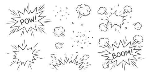 Set of hand drawn comic book style explosion clouds and speech bubble effects with boom and pow text labels © GraphixEra