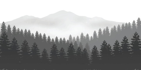 Black and white landscape illustration of a mountain range behind a dense forest of pine trees in the mist © GraphixEra