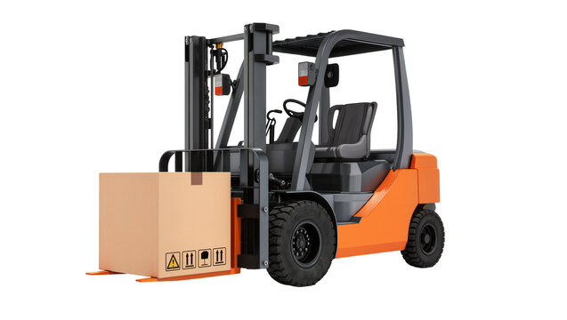 Orange and gray forklift truck lifting cardboard box