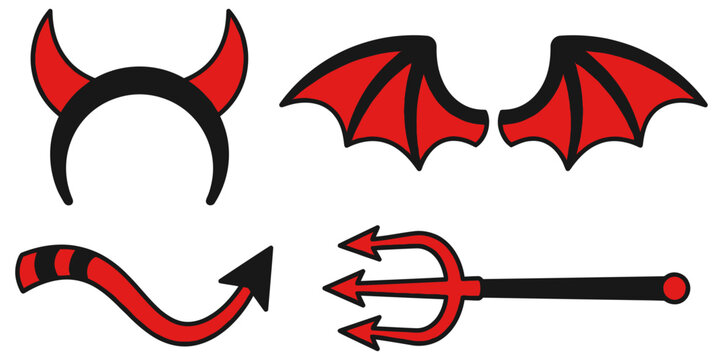 Collection of red and black devil accessories including horns bat wings tail and trident suggesting costume or party elements halloween accessory fantasy character devilish