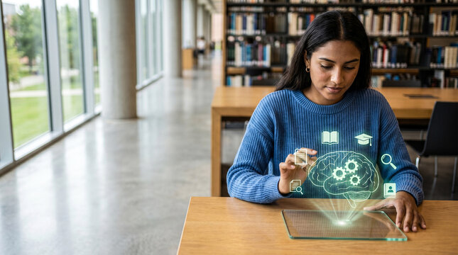 Person using laptop with AI brain hologram and digital education icons for online learning, Futuristic AI technology assisting in online education, data analysis, and business management.