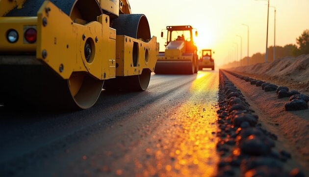 Yellow road rollers compact asphalt on new highway construction during sunset. Heavy machines work on site, preparing road surface. Infrastructure development advances.