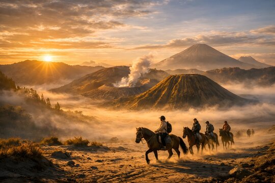 Majestic sunrise over volcanic landscape with horse riders at Bromo Tengger Semeru National Park, East Java, Indonesia