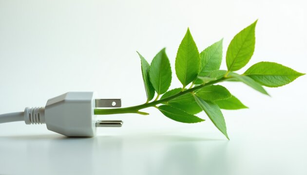 Electric plug sprouts green leaves and branch. Symbolizes eco energy. Concept for renewable power. Clean electricity future. Nature and tech merge.