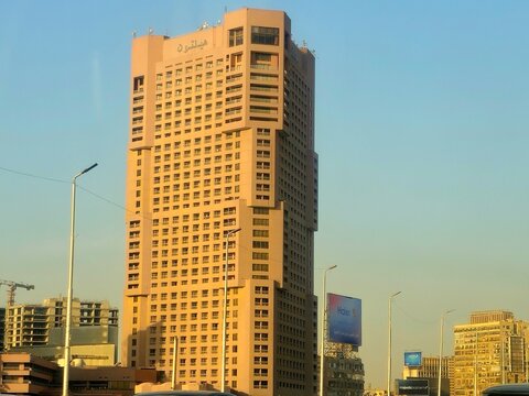 Cairo, Egypt, June 5 2026: The Ramses Hilton Hotel is a prominent, 36-story brutalist structure located on the Corniche in downtown Cairo, was officially opened in 1981 and overlooks the River Nile