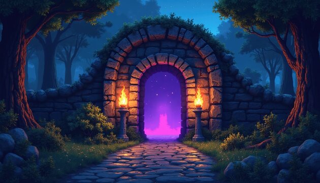Stone archway with torches opens to magical glowing portal in dark forest. Cobblestone path leads to mystical gate at night. Fantasy landscape with ancient ruin.