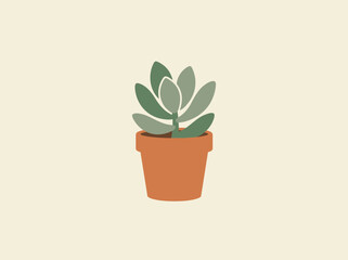Obraz premium Minimalist Illustration of a Succulent Plant in a Terracotta Pot, Green Potted Houseplant Vector Art on Cream Background