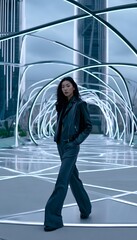Naklejka premium Confident woman walks through a vibrant futuristic city bathed in neon light pathways